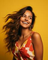 portrait de une magnifique Jeune femme avec sa cheveux soufflant dans le vent sur une Jaune Contexte génératif ai photo