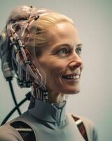 portrait de une femme dans une robot costume génératif ai photo