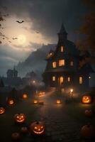 hanté maison sur foncé Halloween nuit avec citrouille lanternes photo