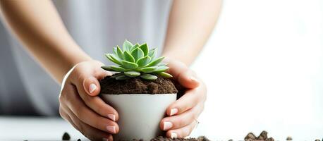 une fille est plantation une vert succulent Accueil jardinage loisir Fait main Naturel cadeau blanc Contexte proche en haut photo