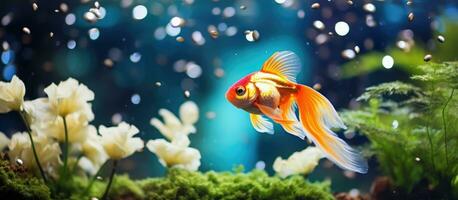 poisson rouge nager parmi aquatique les plantes dans un aquarium photo