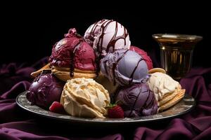 une assiette de la glace crème et une verre de du vin génératif ai photo