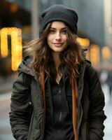 portrait de une magnifique Jeune femme portant une noir veste et une bonnet dans le ville génératif ai photo