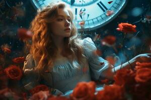 une femme séance dans de face de une l'horloge avec des roses génératif ai photo