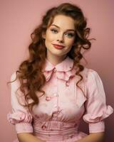 magnifique roux femme dans rose robe posant contre rose Contexte génératif ai photo