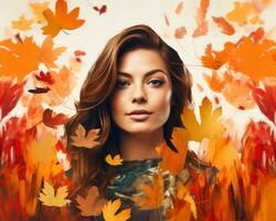 magnifique femme avec l'automne feuilles dans le Contexte génératif ai photo