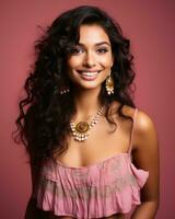 magnifique Indien femme avec longue frisé cheveux portant une rose Haut et or bijoux génératif ai photo