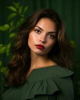 magnifique brunette femme avec longue cheveux et rouge rouge à lèvres posant dans de face de vert Contexte génératif ai photo