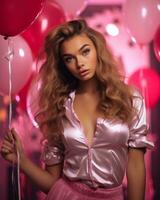 magnifique Jeune femme dans rose robe avec rouge des ballons génératif ai photo