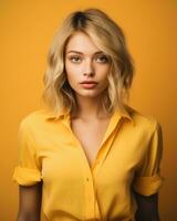 magnifique blond femme dans Jaune chemise à la recherche à le caméra génératif ai photo