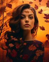 magnifique femme avec l'automne feuilles dans sa cheveux génératif ai photo