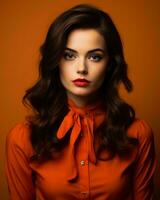 magnifique femme avec longue foncé cheveux portant un Orange chemisier et rouge rouge à lèvres génératif ai photo