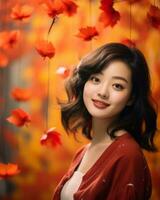 magnifique asiatique femme dans rouge robe posant dans de face de l'automne feuilles génératif ai photo