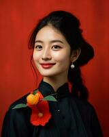 magnifique asiatique femme portant traditionnel chinois robe avec fleur sur rouge Contexte génératif ai photo