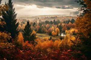 l'automne des arbres dans le forêt en dessous de une nuageux ciel génératif ai photo