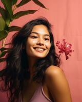 magnifique asiatique femme souriant avec fleur sur rose Contexte génératif ai photo