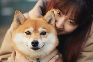portrait de gens étreindre shiba inu chien animal de compagnie concept photo
