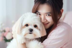 portrait de gens étreindre shih tzu chien animal de compagnie concept photo