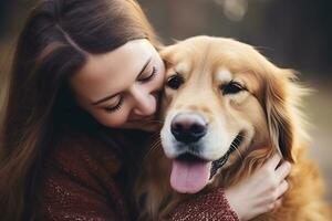 portrait de gens étreindre d'or retriever chien animal de compagnie concept photo