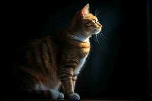 un Orange tigré chat séance sur une fenêtre seuil dans le foncé génératif ai photo