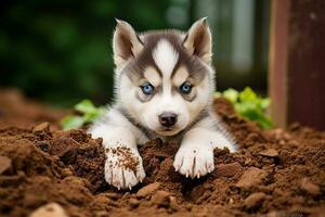 proche en haut sale chiot en jouant dans le jardin. chiot avec marrant regarder. photo