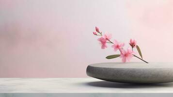 une minimaliste scène de une mensonge pierre avec fleurs sur une lumière pastel Contexte. vitrine pour le présentation de Naturel des produits et produits de beauté. photo