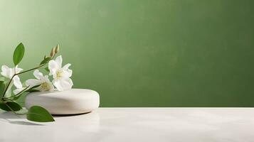 une minimaliste scène de une mensonge pierre avec blanc jasmin fleurs sur vert Contexte. vitrine pour le présentation de Naturel des produits et produits de beauté. photo