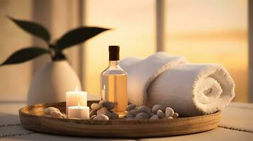 spa accessoire composition ensemble dans journée spa hôtel, beauté bien-être centre. spa produit sont mis dans luxe spa recours chambre, prêt pour massage thérapie de professionnel service. photo