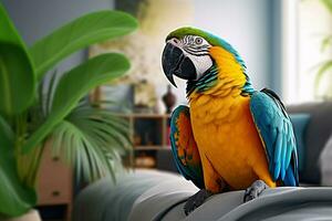 mignonne ara perroquet oiseau dans vivant chambre. ara perroquet oiseau avec marrant Regardez photo