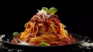 appétissant spaghetti italien nourriture composé avec rouge sauce, surmonté avec ketchup et fromage photo