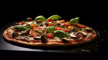 appétissant végétarien pizza, composé avec Cerise tomates, Ail clous de girofle, tomate purée, basilic feuilles, ricotta, râpé Parmesan, séché Origan, Pesto, champignons comme garnitures photo