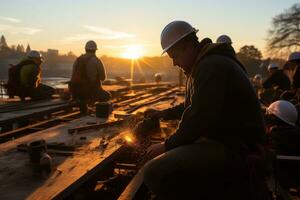 ingénieurs portant sécurité casques et travail à coucher de soleil, génératif ai photo