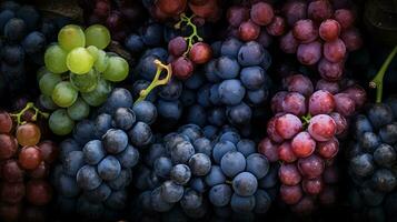 réaliste photo de différent gentil de les raisins. Haut vue fruit paysage. ai généré