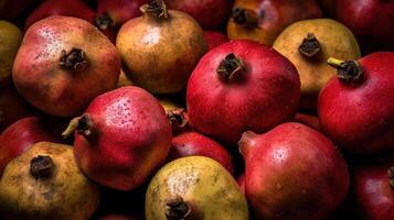 réaliste photo de une bouquet de grenades. Haut vue fruit paysage. ai généré