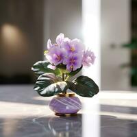 réaliste photo de une tropical fleur plante dans une marbre vase. avec Naturel lumière condition. ai généré