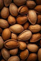 réaliste photo de une bouquet de amandes. Haut vue des noisettes paysage. ai généré