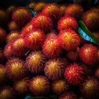 réaliste photo de une bouquet de ramboutans. Haut vue fruit paysage. ai généré