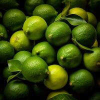 réaliste photo de une bouquet de citrons verts. Haut vue fruit paysage. ai généré