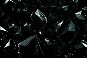 3d le rendu de une pile de noir diamant formes sur une noir arrière-plan, abstrait noir cristal arrière-plan, ai généré photo