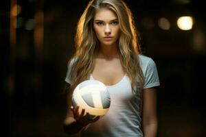 femme volley-ball joueur tenir balle. produire ai photo