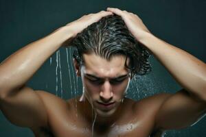 homme douche tête shampooing. produire ai photo