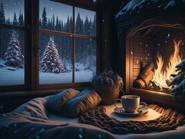 une moment par le coin du feu, avec une tasse de cacao, et une vue de flocons de neige chute à l'extérieur le fenêtre photo