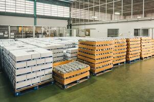 groupe de embouteillée jus boisson produit dans papier carton boîte paquet dans fabrication usine photo