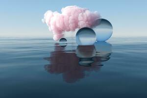 nuage et géométrique figure flottant sur le lac, 3d le rendu. photo