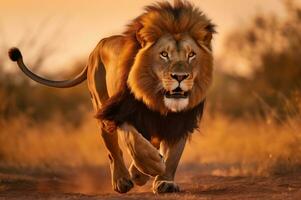 adulte Masculin Lion fonctionnement dans le africain savane pendant le d'or heure de le journée. ai généré photo