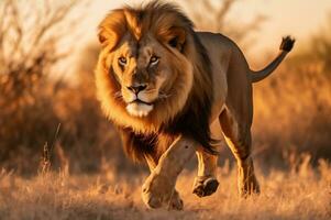 adulte Masculin Lion fonctionnement dans le africain savane pendant le d'or heure de le journée. ai généré photo