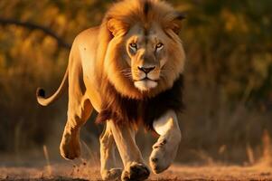 adulte Masculin Lion fonctionnement dans le africain savane pendant le d'or heure de le journée. ai généré photo