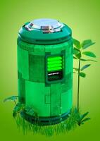 intelligent renouvelable vert énergie batterie avec vert leds et les plantes autour il. nettoyer et durable énergie concept photo