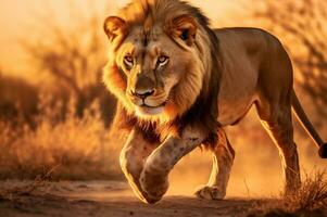 adulte Masculin Lion fonctionnement dans le africain savane pendant le d'or heure de le journée. ai généré photo