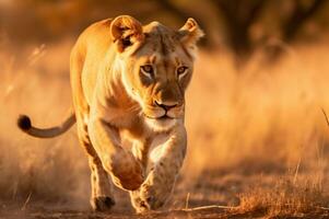 lionne dans le africain savane pendant le d'or heure de le journée. ai généré photo
